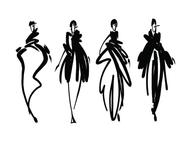 Fashion models sketch hand drawn , stylized silhouettes isolated.Vector fashion illustration set.